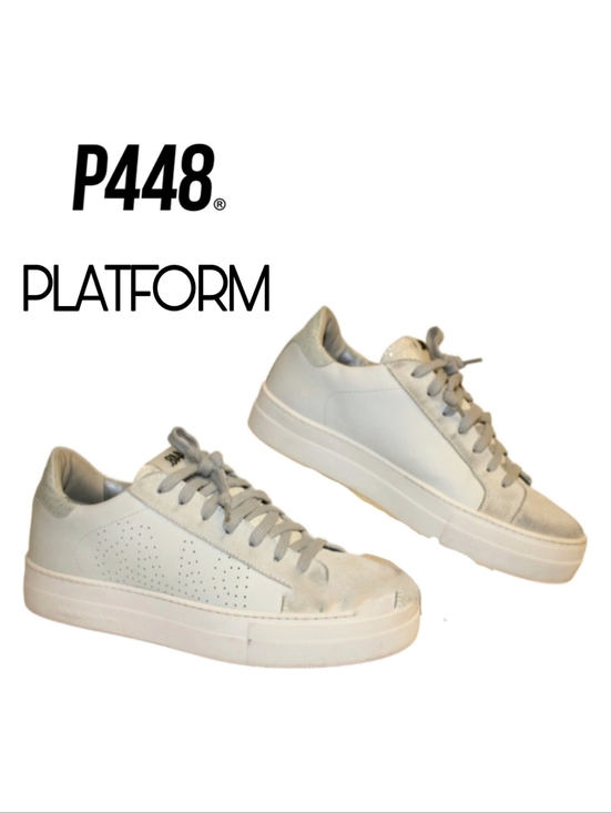 P448 Shoes - P448 White Leather Platform Sneakers with Light Gray Accents - W 9 39